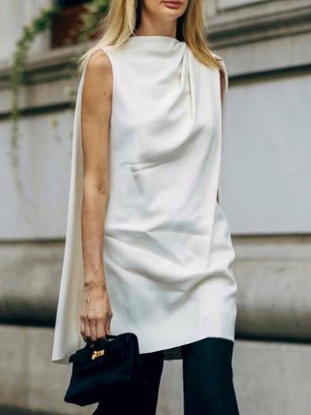 

Urban Plain Ruched Crew Neck Tank Top, White, Tanks and Camis