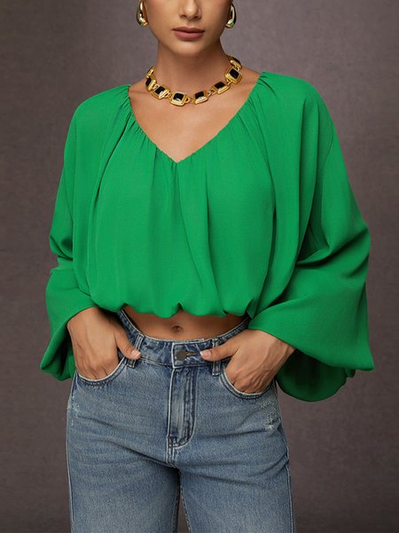 

V Neck Elegant Loosen Long Sleeve Plain Blouse, Green, Blouses and Shirts