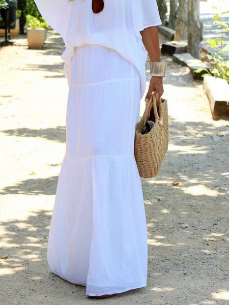 

Vacation Gathered Plain Maxi Skirt, White, Skirts