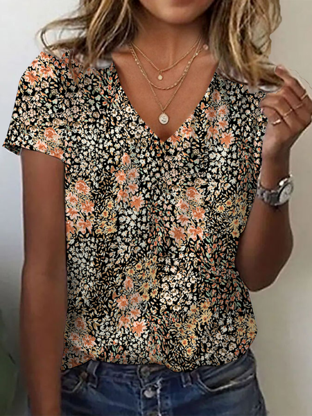 

Casual Floral V Neck Short Sleeve T-shirt, Brown, T-shirts