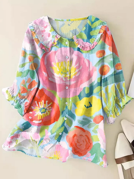 

Women Floral Short Sleeve Shirt Summer Printing Shawl Collar Daily Casual Top, Multicolor, Shirts