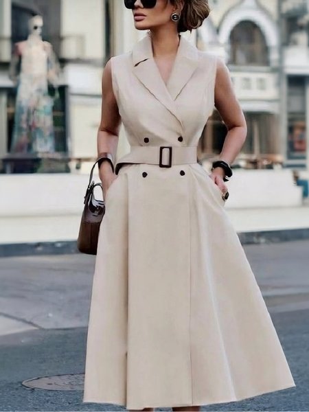 

Urban Plain Buttoned Midi Dress With Belt, Khaki, Midi Dresses