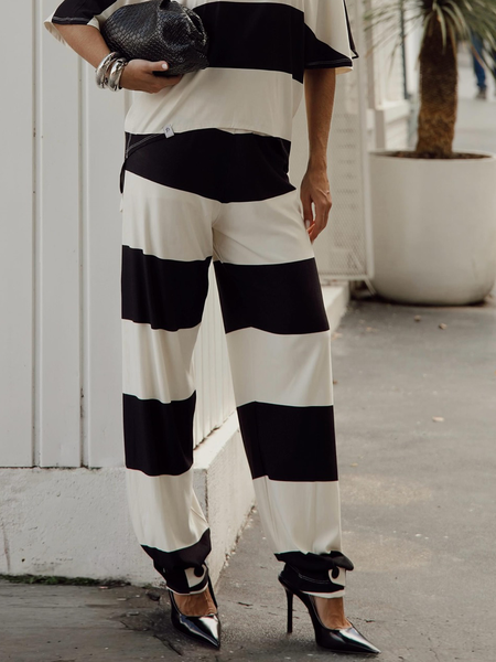 

Urban Striped Buckle Straight Pants, Black-white, Pants