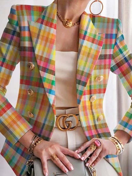 

Urban Printing Plaid Buttoned Lapel Collar Blazer, As picture, Blazers