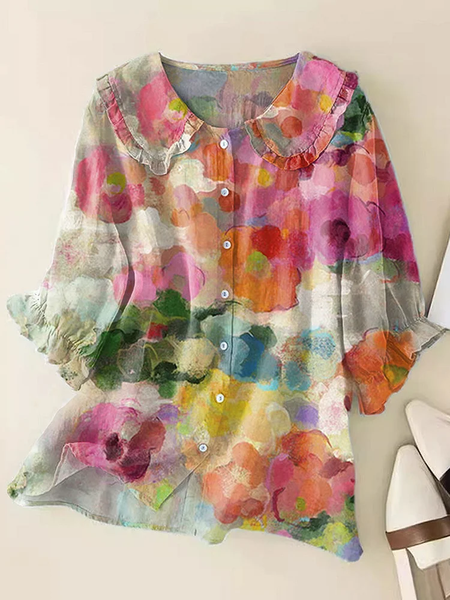 

Women Floral Short Sleeve Shirt Summer Printing Shawl Collar Daily Casual Top, As picture, Shirts