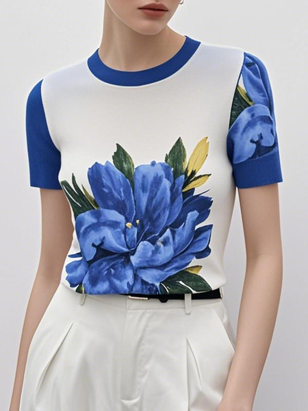 

Casual Floral Printing Crew Neck T-shirt, Blue, Tees