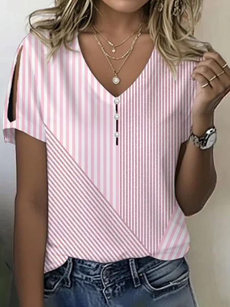 

Women Striped Short Sleeve Tee T-shirt V Neck Printing Casual Summer Graphic Tee Top, Pink, T-Shirts