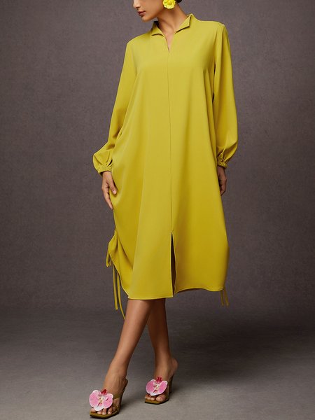 

Loose Plain Stand Collar Lantern Sleeve Shirt Dress, Yellow, Midi Dresses