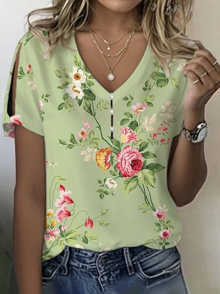 

Women Floral Short Sleeve Tee T-shirt V Neck Printing Casual Summer Graphic Tee Top, Green, T-Shirts