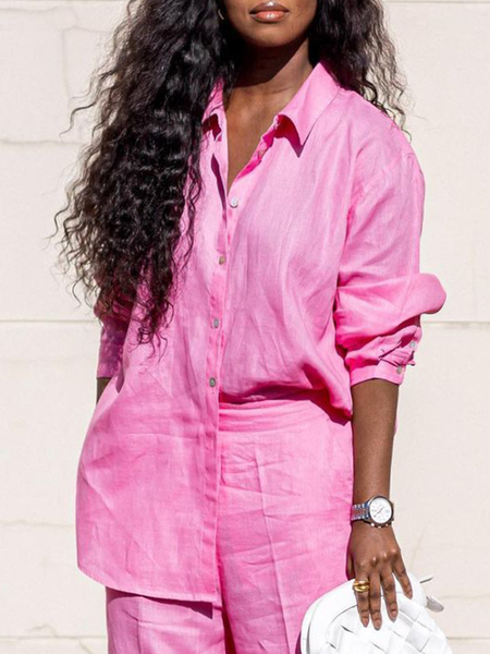 

Cotton And Linen Casual Plain Distressing Shirt Collar Shirt, Pink, Blouses and Shirts