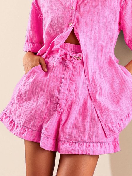 

Linen Blend Casual Plain Wide Leg Pants Shorts, Pink, Shorts