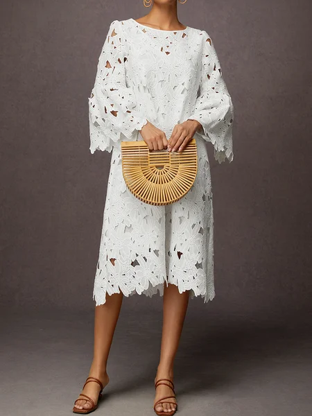 Plain Vacation Crew Neck Three Quarter Loose Skirt Dress, White, Midi Dresses