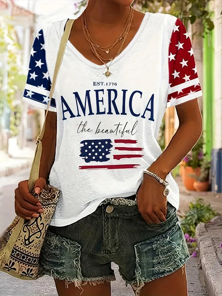 

Casual America Flag V Neck Short Sleeve T-shirt, As picture, T-shirts