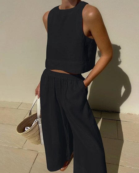

Women's Plain Daily Going Out Two-Piece Set White Casual Summer Top With Pants Matching Set, Black, Suits