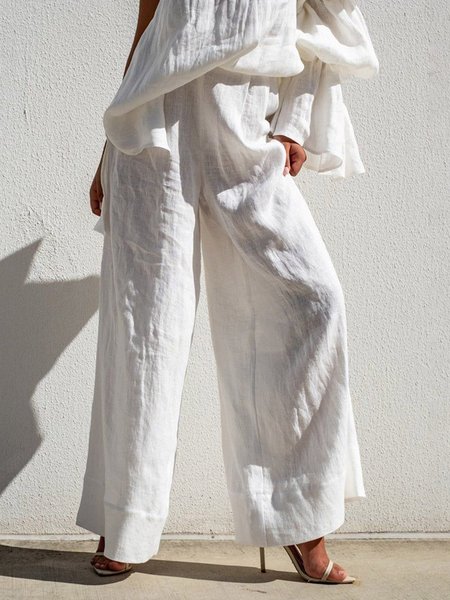 

Linen Blend Vacation Plain Wide Leg Pants, White, Pants