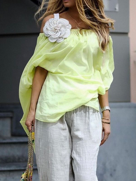 

Cotton And Linen Urban Plain 3D Floral Crew Neck Blouse, Mint, Blouses and Shirts