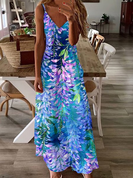 

Women Floral Spaghetti Sleeveless Comfy Casual Maxi Dress, Blue, Maxi