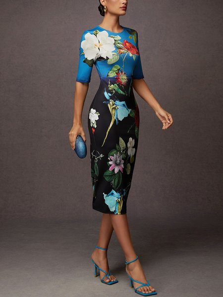 

Urban Floral Printing Crew Neck Midi Dress, As picture, Midi Dresses
