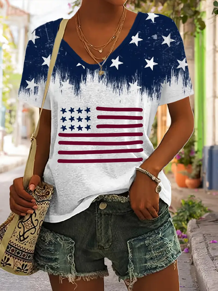 

Casual America Flag V Neck Short Sleeve T-shirt, As picture, T-shirts
