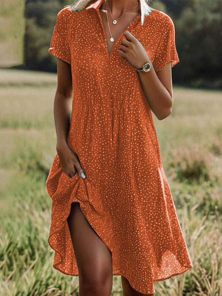 

Women Polka Dots Short Sleeve Summer Printing Dress Shawl Collar Daily Casual Knee Length A-Line Dress, Orange, Casual Dresses