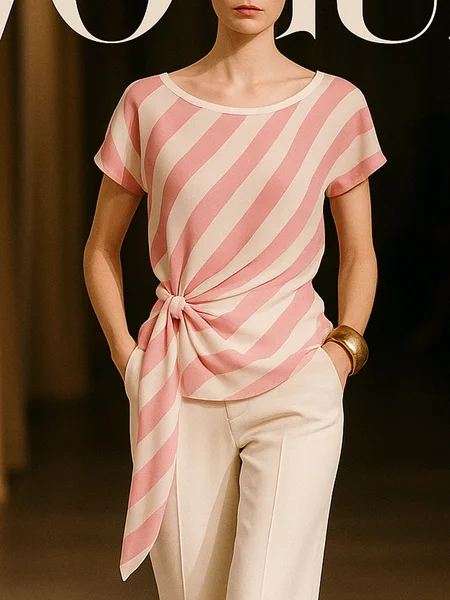 

Urban Striped Lace-up Crew Neck Blouse, Pink, Blouses and Shirts