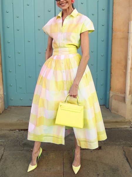 Casual Plaid Printing Raglan Sleeve Shirt Collar Midi Dress With Belt, Yellow, Midi Dresses