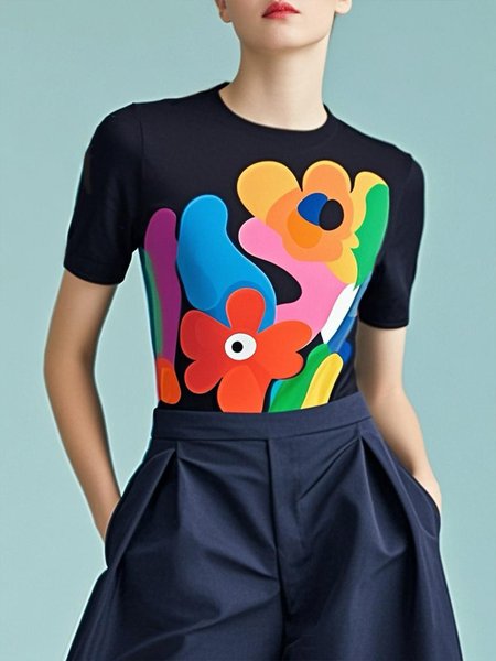 

Casual Abstract Printing Crew Neck T-shirt, As picture, Tees