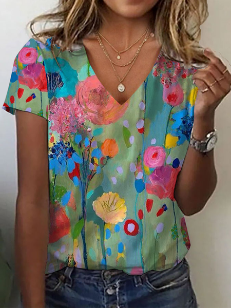 

Women Floral Short Sleeve Tee T-shirt V Neck Printing Casual Summer Graphic Tee Top, Multicolor, T-Shirts