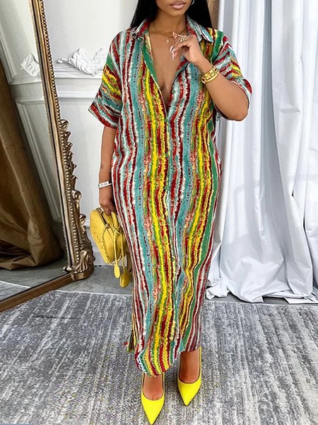

Urban Striped Printing Shirt Collar Maxi Dress, Yellow, Maxi Dresses