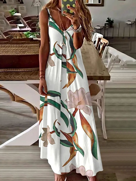 

Women Floral Sleeveless Summer Printing Dress V Neck Daily Casual Maxi Slip Dress X-Line Dress, White, Casual Dresses