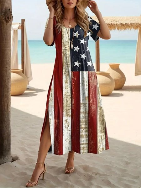 

Women America Flag Crew Neck Short Sleeve Comfy Vintage Maxi Dress, Blue-white, Dresses