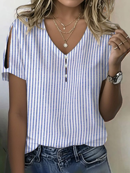 

Women Striped Short Sleeve Tee T-shirt V Neck Printing Casual Summer Graphic Tee Top, Blue, T-Shirts