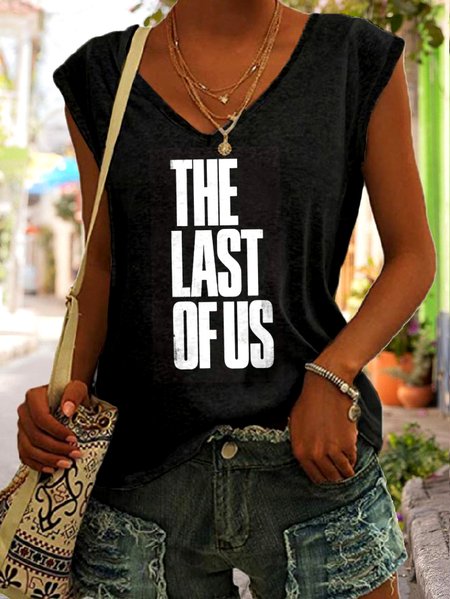 

Casual V Neck Text Letters Tank Top, Black, Tanks & Camis