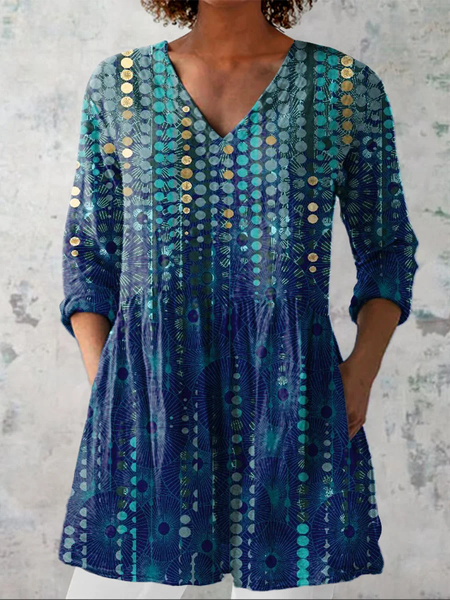 

Women Abstract Long Sleeve Shirt Spring/Fall V Neck Daily Casual Top, Blue, Blouses