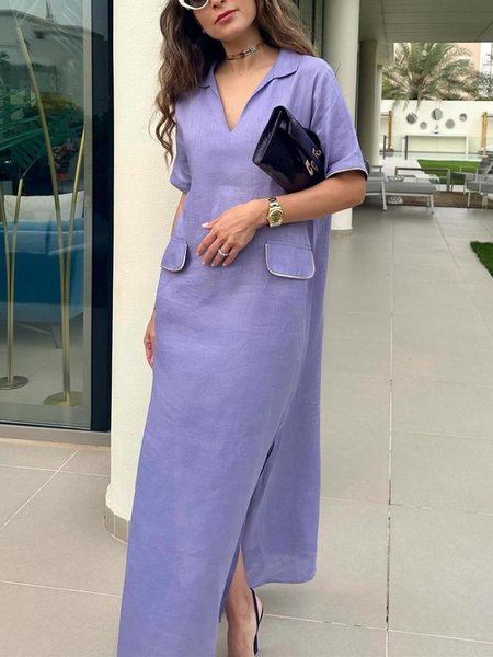 

Elegant Plain Cotton And Linen Distressing V Neck Maxi Dress, Purple, Maxi Dresses
