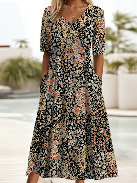 

Women Floral Short Sleeve Summer Printing Dress V Neck Daily Casual Maxi A-Line Dress, Brown, Casual Dresses