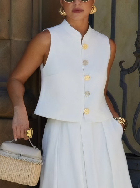 

Urban Buttoned Plain Stand Collar Vest, White, Vests and Gilets