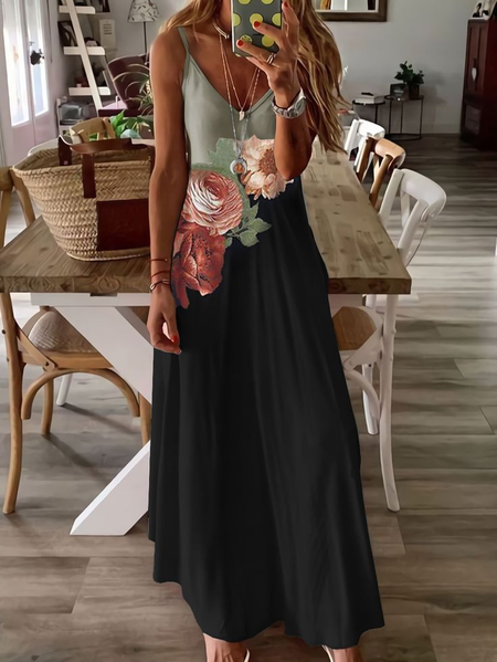 

Women Floral Sleeveless Summer Printing Dress V Neck Daily Casual Maxi Slip Dress X-Line Dress, Black, Casual Dresses