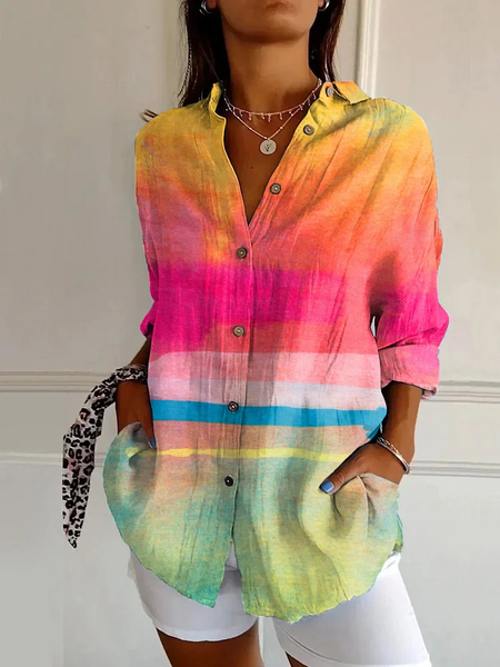 

Women Ombre Long Sleeve Shirt Spring/Fall Buckle Shirt Collar Daily Casual Top, As picture, Shirts