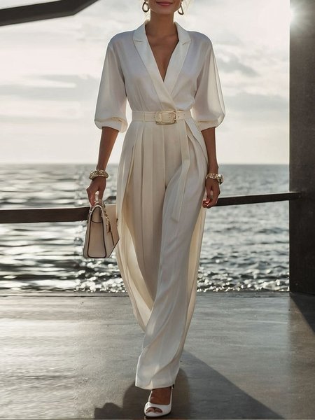 

Urban Pockets Plain Lapel Collar Shirt Jumpsuit No Belt, White, Jumpsuits
