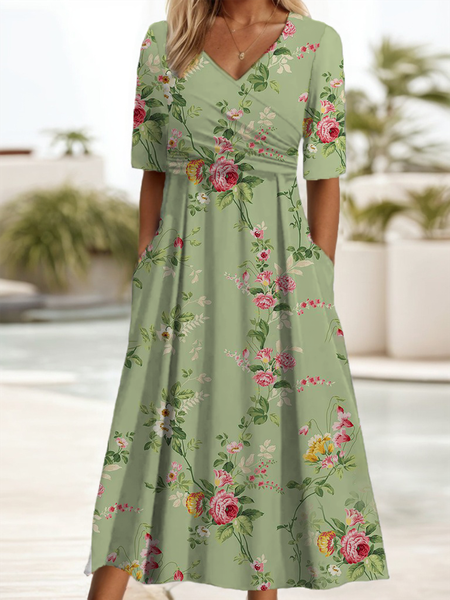 

Women Floral Short Sleeve Summer Printing Dress V Neck Daily Casual Maxi A-Line Dress, Green, Casual Dresses