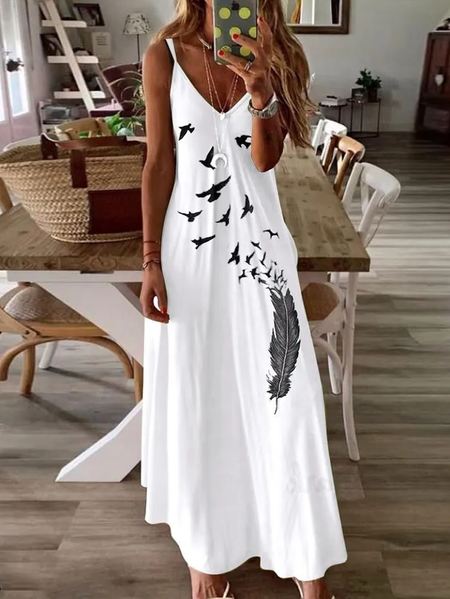 

Women Bird Sleeveless Summer Printing Dress V Neck Daily Casual Maxi Slip Dress X-Line Dress, White, Casual Dresses