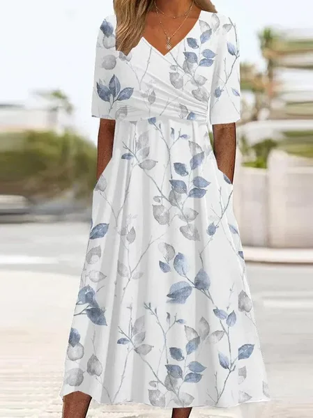 

Women Floral Short Sleeve Summer Printing Dress V Neck Daily Casual Maxi A-Line Dress, White, Casual Dresses
