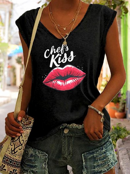 

Casual V Neck Text Letters Tank Top, Black, Tanks & Camis