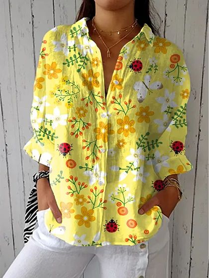 

Women Floral Three Quarter Sleeve Shirt Spring/Fall Printing Shirt Collar Daily Casual Top, Yellow, Shirts