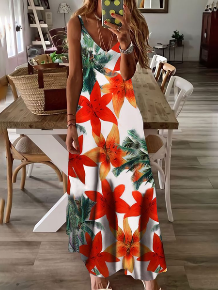 

Women Floral Sleeveless Summer Printing Dress V Neck Daily Casual Maxi Slip Dress X-Line Dress, As picture, Casual Dresses