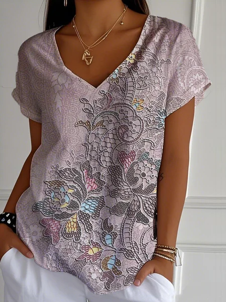 

Women Paisley Short Sleeve Tee T-shirt V Neck Casual Summer Top, Purple, T-Shirts