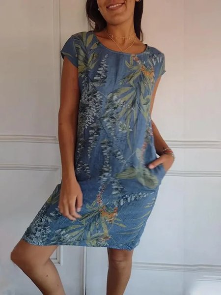 

Women Leaf Sleeveless Summer Pocket Stitching Dress Crew Neck Daily Casual Mini Fit & Flare Dress A-Line Dress, Blue, Dresses