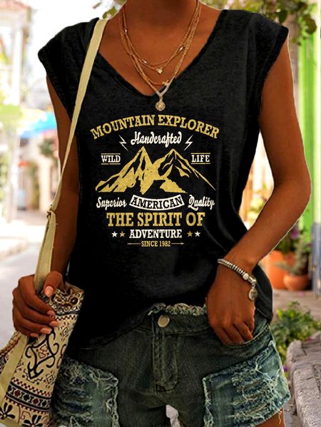 

Casual V Neck Text Letters Tank Top, Black, Tanks & Camis
