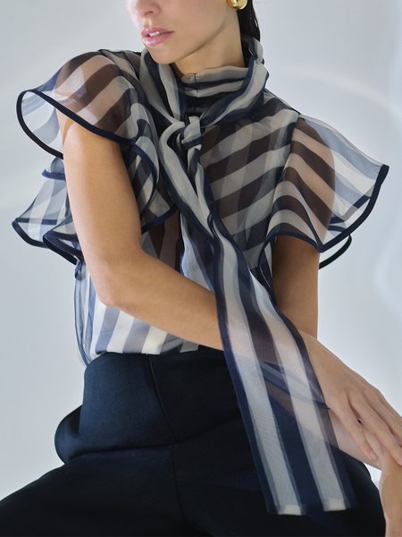 

Urban Striped Printing Stand Collar Blouse, Blue, Blouses and Shirts